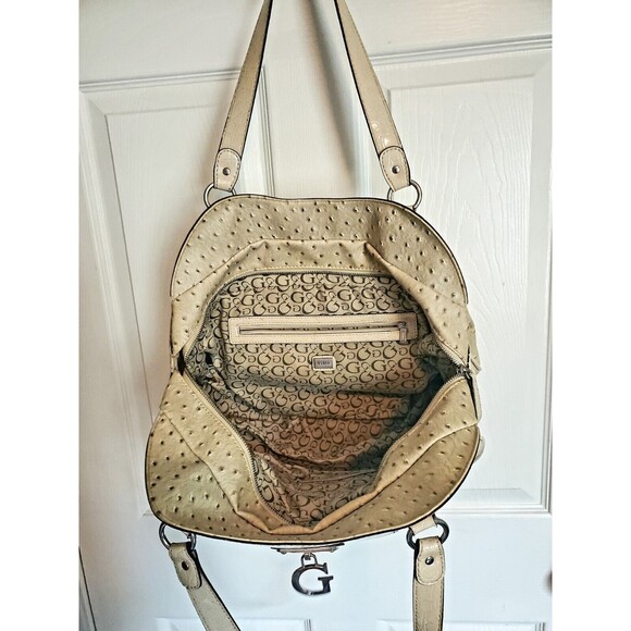 Guess Tamora Creme Satchel Purse pebble Texture Handbag With Hanging G Logo - Picture 7 of 11